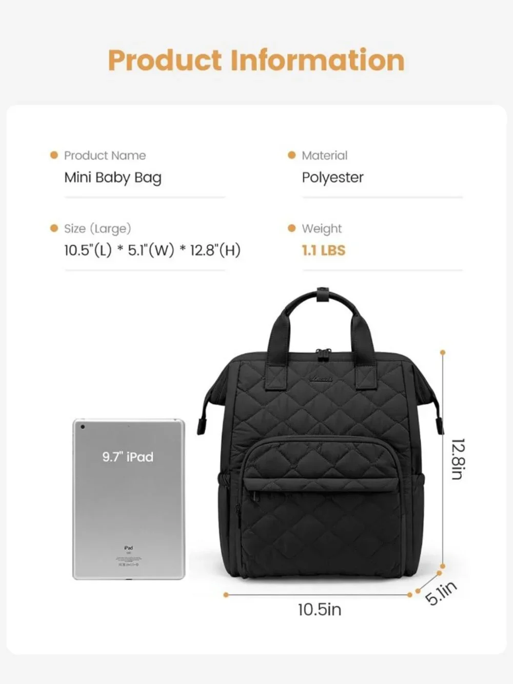 Stylish Mini Diaper Bag Backpack with Changing Pad & Stroller Straps - Black